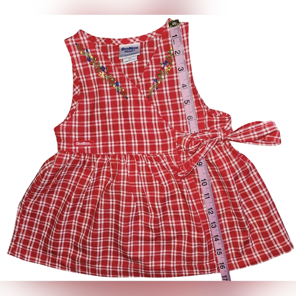 Vtg OshKosh B'gosh Red Gingham Wrap Dress Floral Embroidered USA Toddler Sz 2T - Picture 8 of 16
